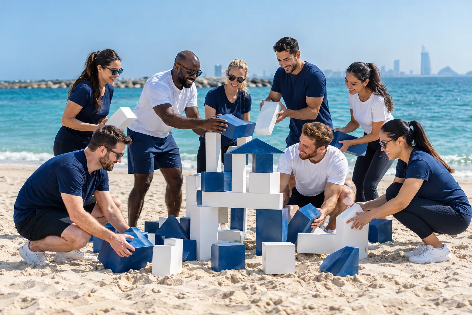 Illustrative corporate team challenge on a beach