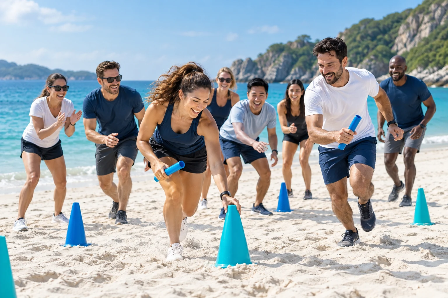 Illustrative team relay on a beach